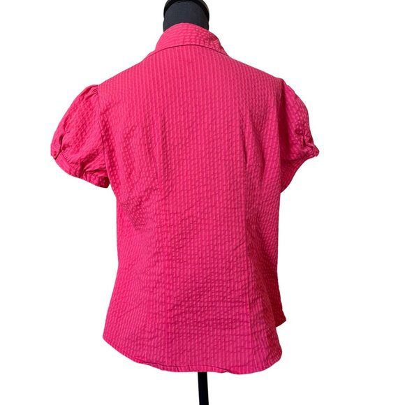 pink ruched textured collared short sleeve button front top stretch cotton - Picture 4 of 9